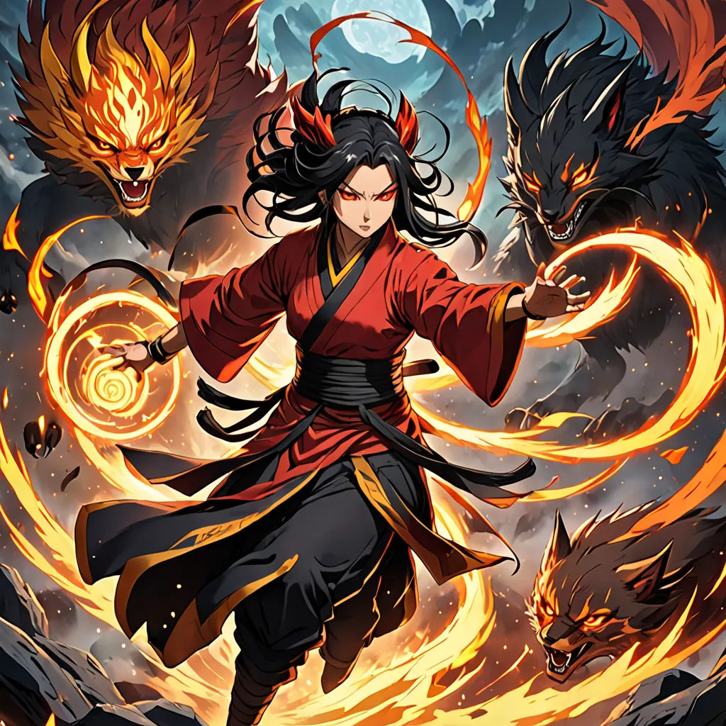 a woman in a red and black outfit with a dragon on her back and a demon on her back, fantasy art, a comic book panel, Fan Qi, official art