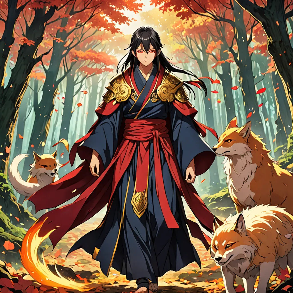 a woman in a kimono standing in a forest with two foxes and a fox behind her, with a red cloak over her, sots art, a character portrait, Baiōken Eishun, official art