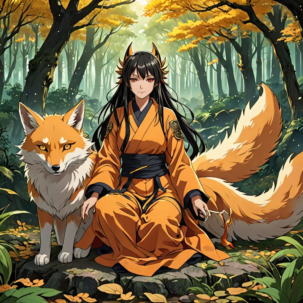 a woman in a kimono sitting on a rock with a fox in the woods behind her, with trees and leaves in the background, fantasy art, a character portrait, Chen Chi, official art