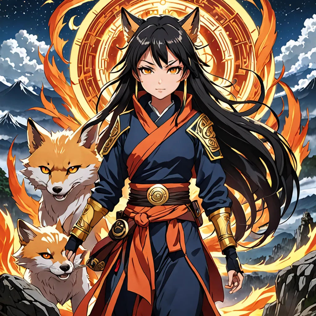 a woman in a blue and orange outfit with a fox on her shoulder and a red fox on her shoulder, furry art, poster art, Chizuko Yoshida, official art