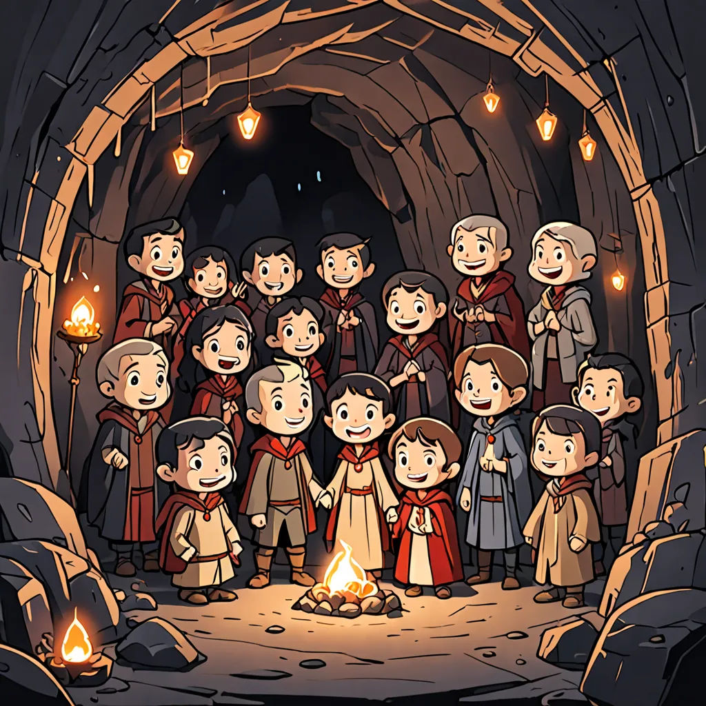 a group of people standing in front of a fire in a cave with lights on it and a man standing in front of the fire, sots art, a storybook illustration, Ada Gladys Killins, official art