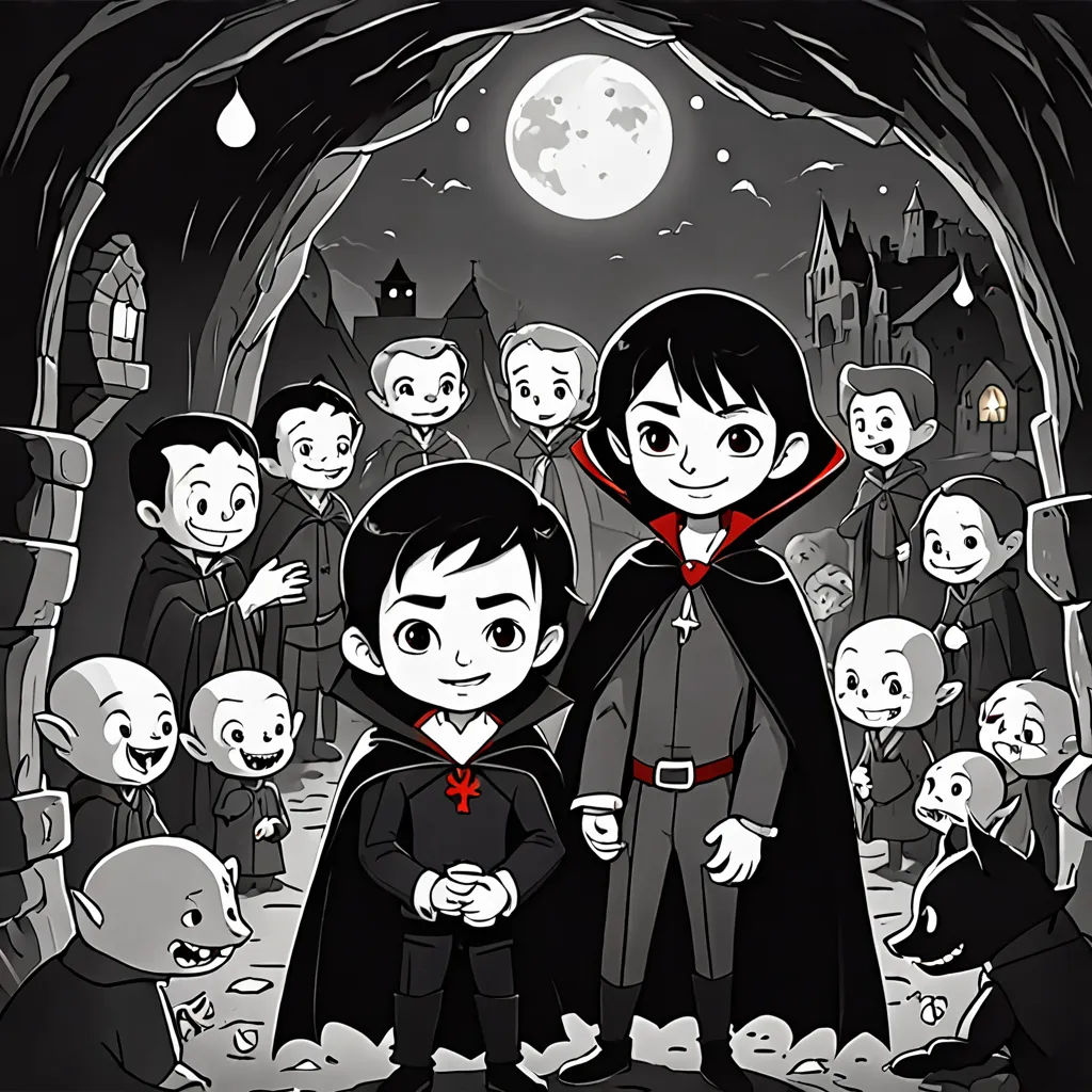a group of children in a cave with a full moon in the background and a cartoon of a group of children in a cave, gothic art, a storybook illustration, Ada Gladys Killins, promotional image