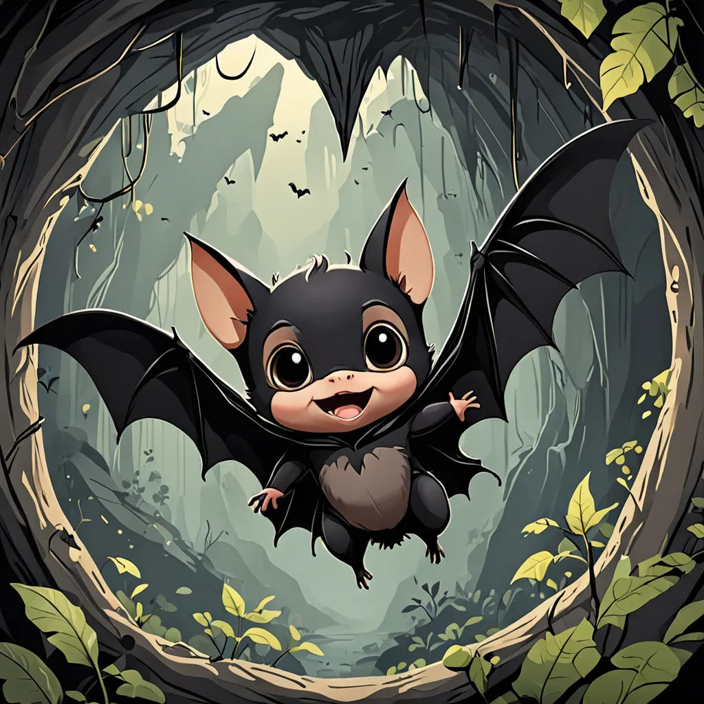 a bat flying through a forest filled with leaves and trees with a cave in the background with bats flying around, sots art, a storybook illustration, Diego Gisbert Llorens, game art