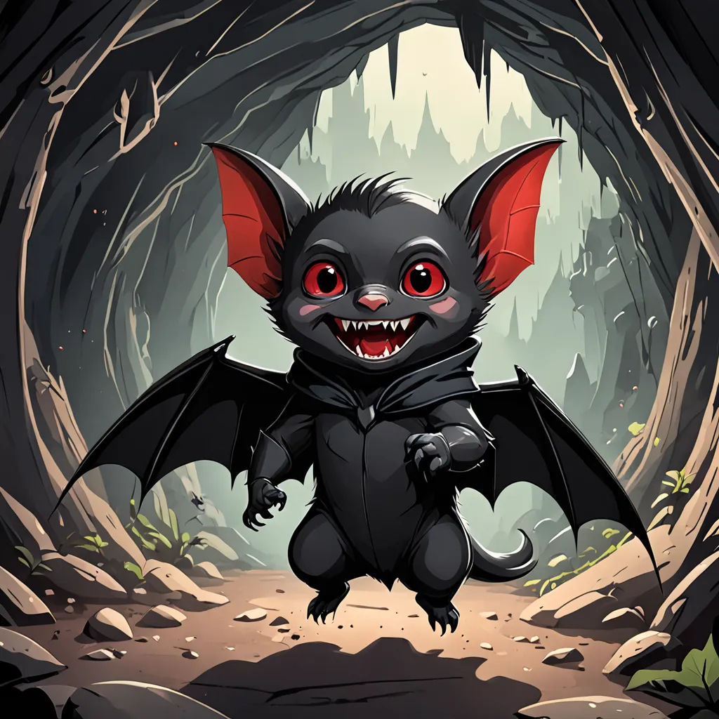 a cartoon bat with red eyes and a black body in a cave with trees and rocks, with a light shining on its face, sots art, a character portrait, Cedric Seaut (Keos Masons), game art