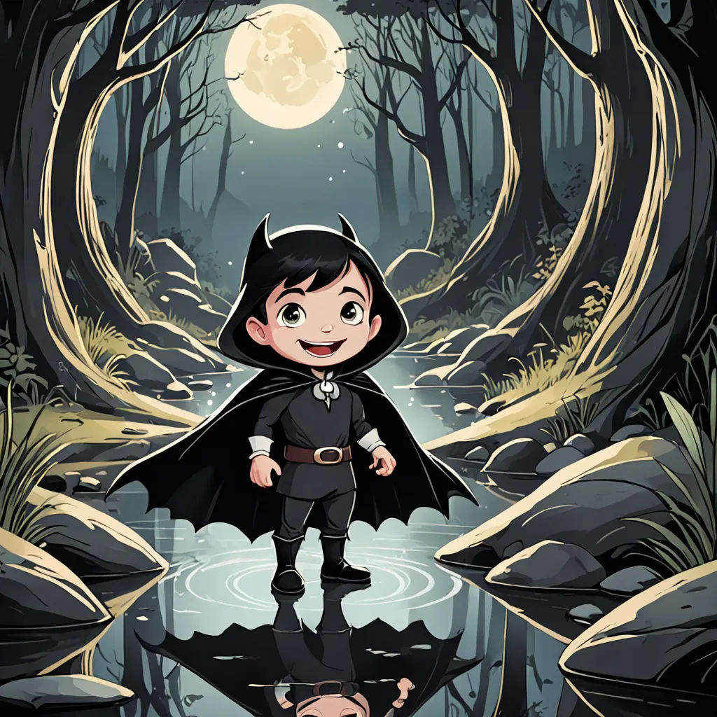 a little boy dressed as a little dracula standing in a forest with a full moon in the background and a puddle in the water, gothic art, a storybook illustration, Diego Gisbert Llorens, storybook illustration