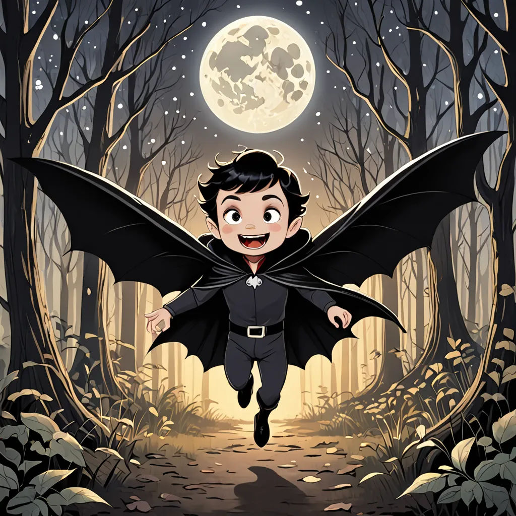 a cartoon boy dressed as dracula running through a forest at night with a full moon in the background and a creepy looking bat flying overhead, gothic art, a storybook illustration, Diego Gisbert Llorens, official art