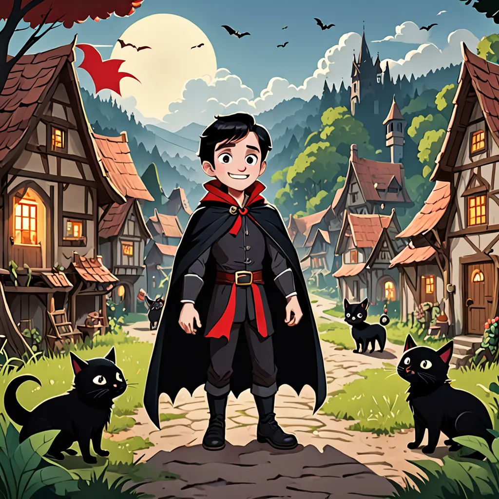 a cartoon of a boy dressed as dracula standing in front of a village with black cats and bats around him, sots art, a character portrait, Diego Gisbert Llorens, key art