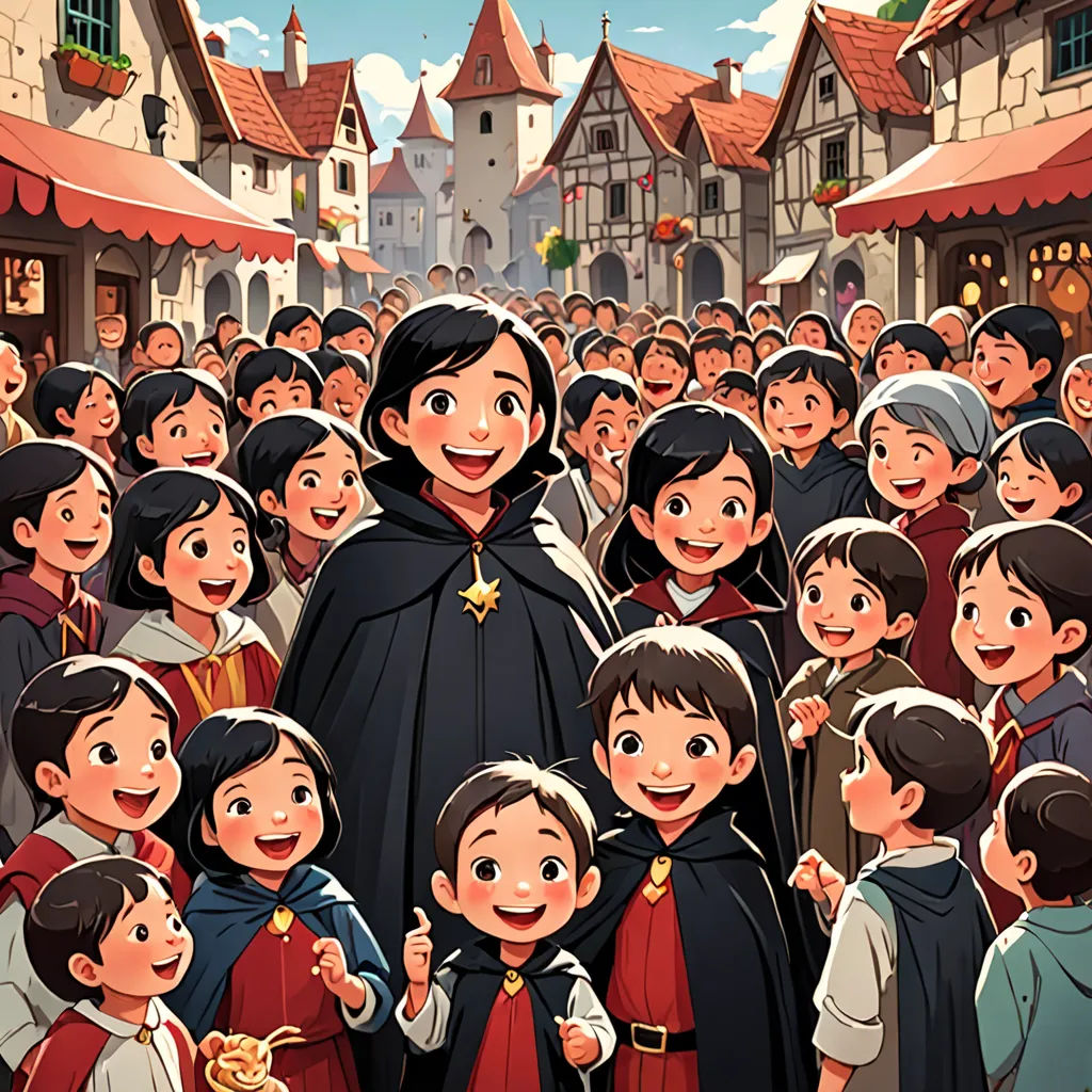 a crowd of people standing around each other in front of a building with a woman in a black cloak, antipodeans, a storybook illustration, disney, official art