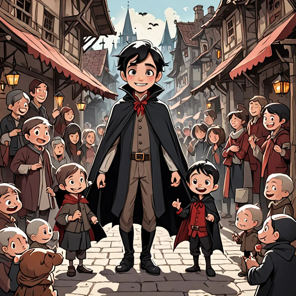 a cartoon of a man standing in front of a crowd of people in a town with a clock tower, fantasy art, a storybook illustration<error>