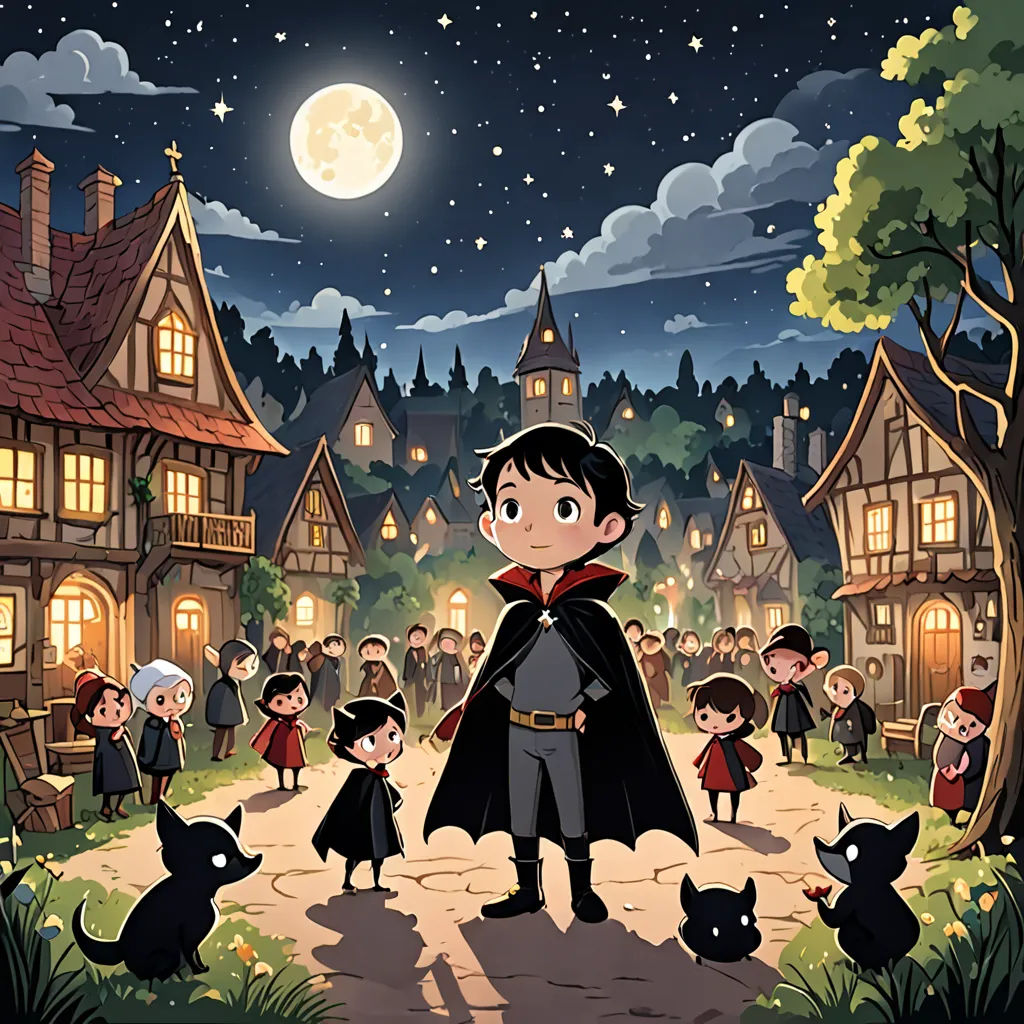 a cartoon of a boy dressed as dracula in front of a group of children in a village at night, sots art, a storybook illustration, Cliff Childs, key art