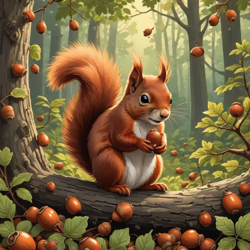 a squirrel sitting on a tree branch in a forest with acorns and nuts all around it,, fantasy art, a detailed painting, Chris LaBrooy, red