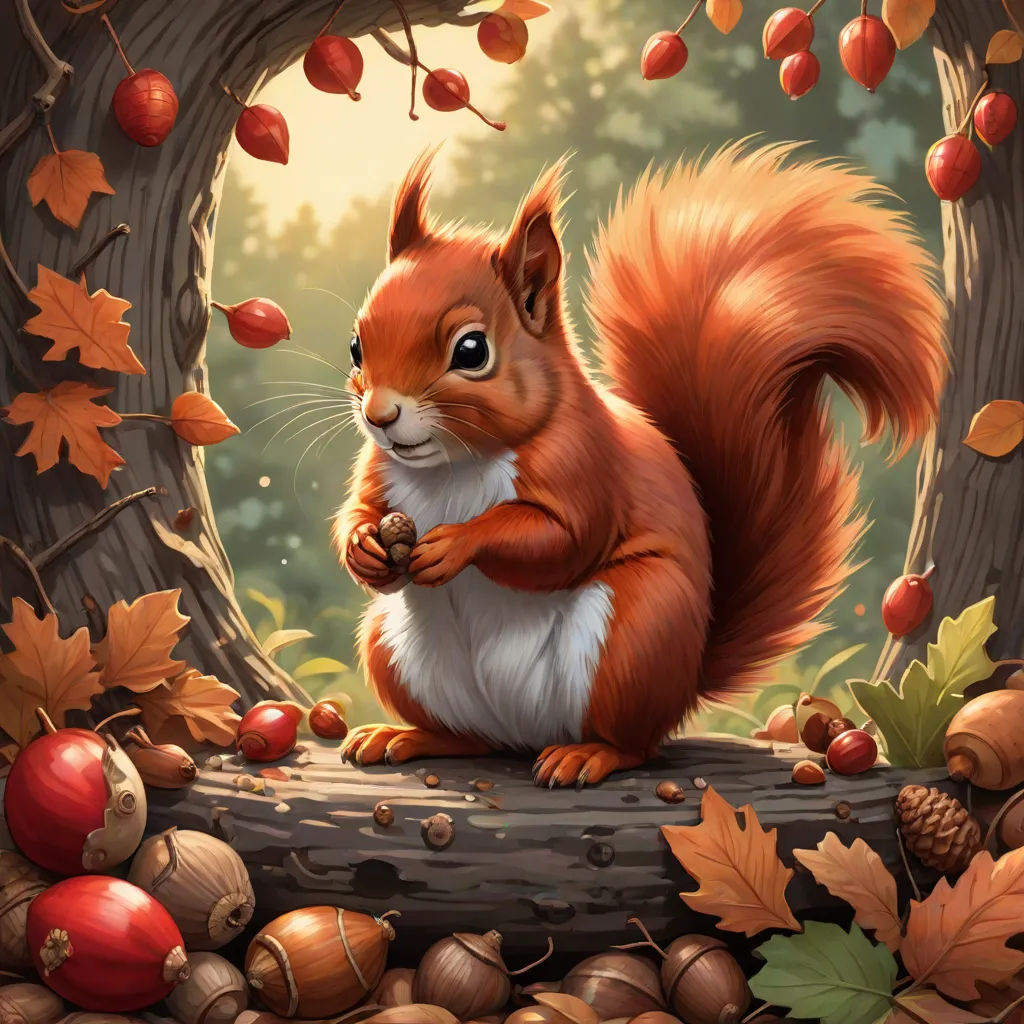 a squirrel is sitting on a tree branch in the fall leaves and nuts surrounding it is a painting of a squirrel eating a nut, fantasy art, a detailed painting, Chris LaBrooy, red