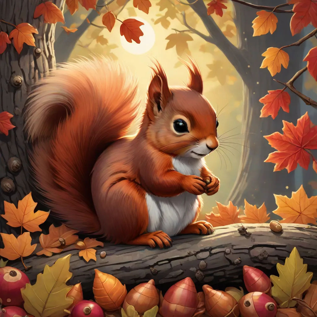 a squirrel sitting on a tree branch in a forest with leaves and acorns around it, with a full moon in the background, fantasy art, a detailed painting, Chris LaBrooy, magic the gathering artwork