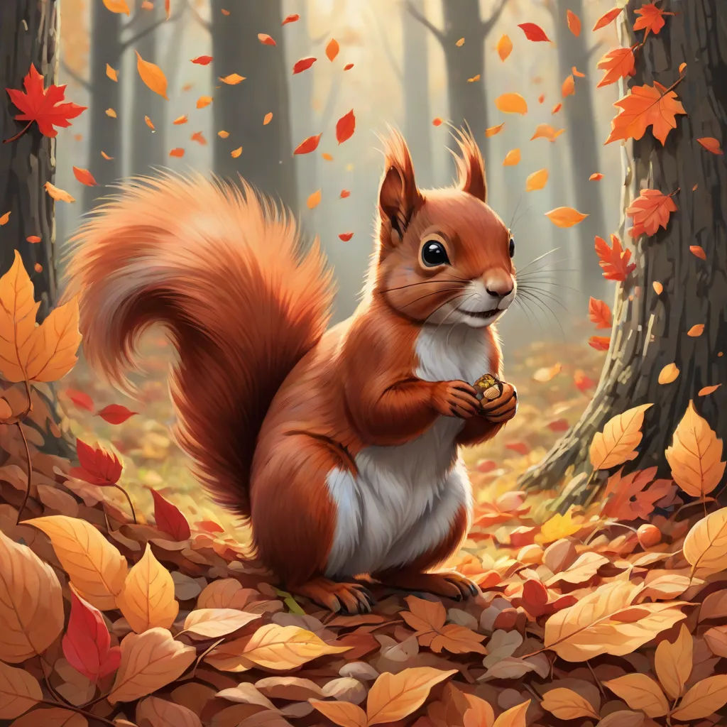 a squirrel is standing on its hind legs in the leaves of a forest with a nut in its hand, fantasy art, an airbrush painting, Chris LaBrooy, autumn