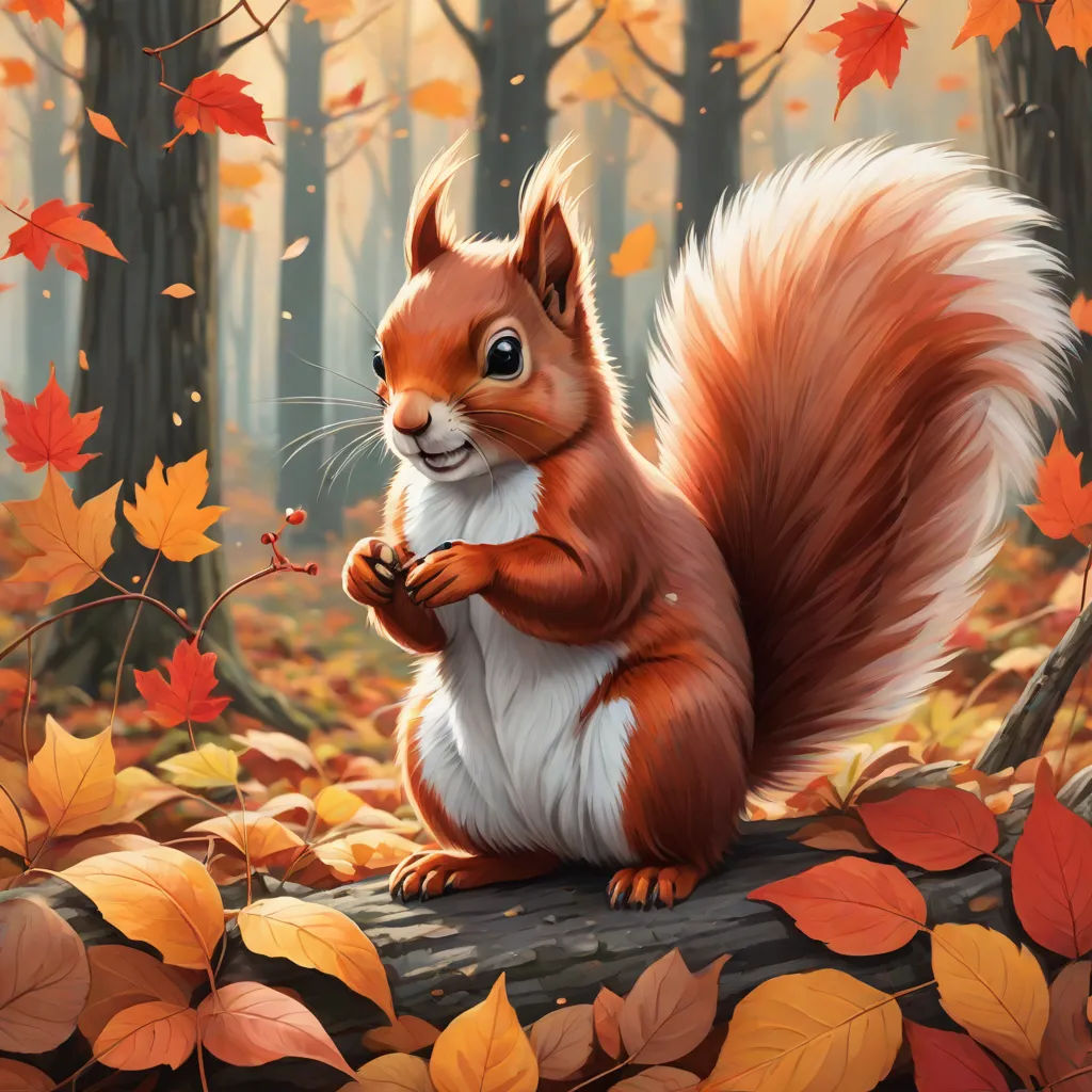 a squirrel is sitting on a log in the woods with autumn leaves surrounding it and a tree trunk with a nut in its mouth, furry art, a detailed painting, Chris LaBrooy, autumn