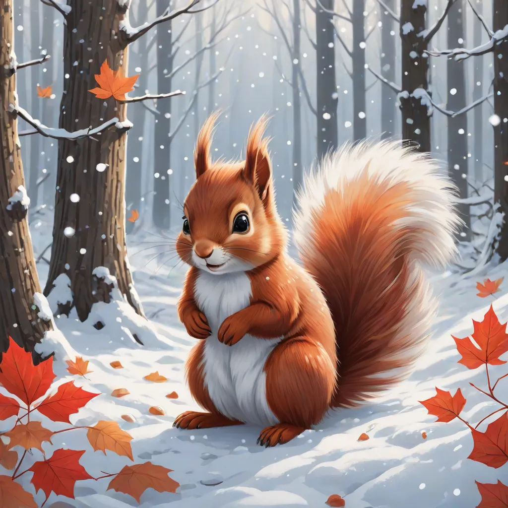 a painting of a squirrel in the snow surrounded by trees and leaves, with a snowflaked background, furry art, an airbrush painting, Chris LaBrooy, official art