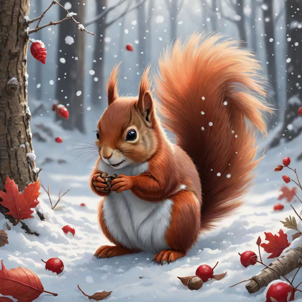 a squirrel is standing in the snow next to a tree and leaves, with a nut in its mouth, fantasy art, a digital painting, Chris LaBrooy, trending on art station