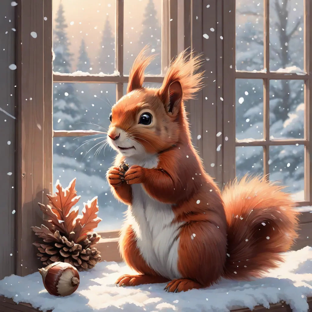 a squirrel is sitting in front of a window and eating a nut in the snow, with a pine cone in the foreground, fantasy art, an oil painting, Chris LaBrooy, official art