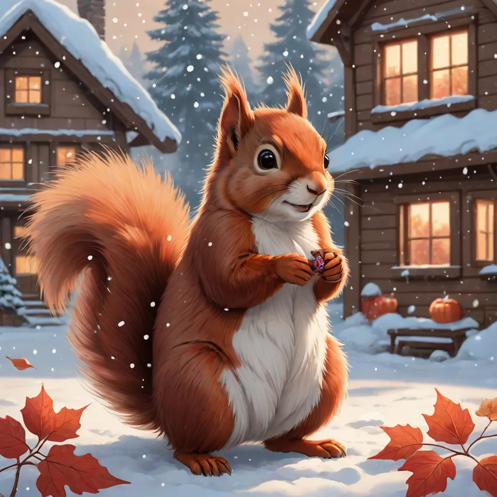 a squirrel is standing in the snow with a nut in its paws and a house in the background with snow falling, american scene painting, a detailed painting, Chris LaBrooy, official art