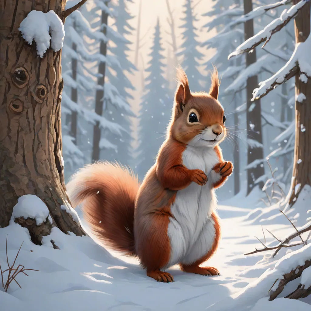 a squirrel standing in the snow in front of a tree with snow on it's branches and a forest in the background, furry art, an airbrush painting, Chris LaBrooy, rossdraws global illumination