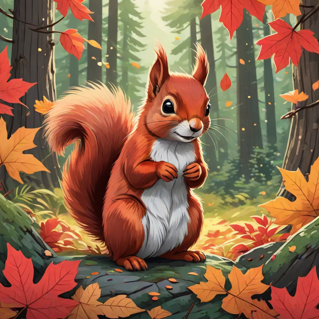 a squirrel is sitting on a log in the woods with autumn leaves around it and a forest background with trees and leaves, altermodern, a detailed painting, Chris LaBrooy, official art