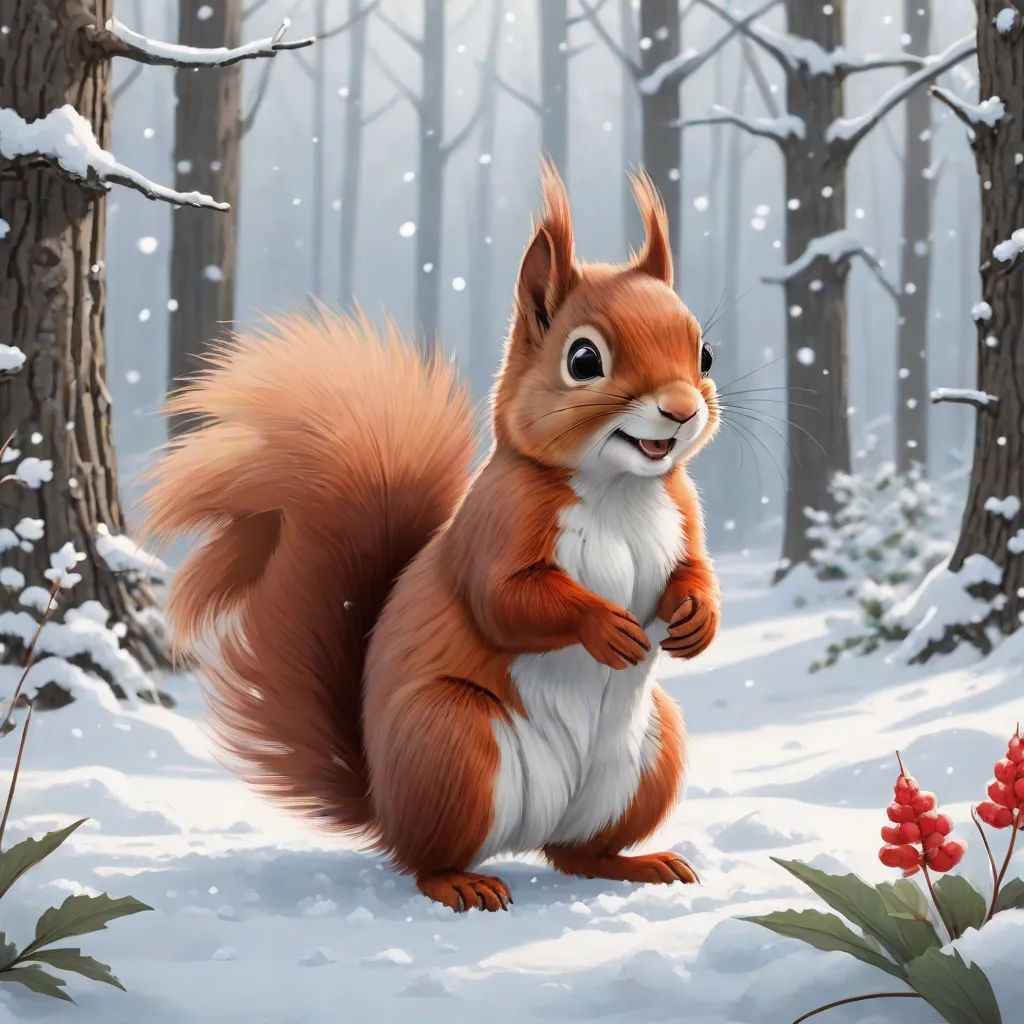 a squirrel is standing in the snow in front of a forest with red berries and a red berry in the foreground, furry art, an airbrush painting, Chris LaBrooy, behance hd