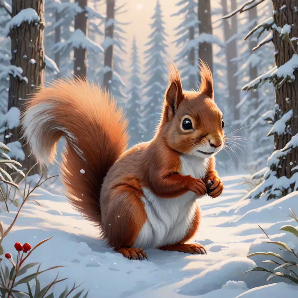 a painting of a squirrel in the snow with a pine tree in the background and a sunlit forest, furry art, an airbrush painting, Chris LaBrooy, trending on art station