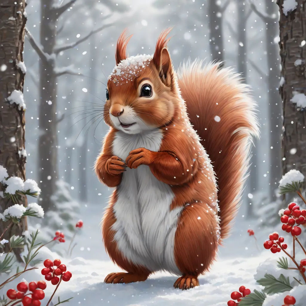 a painting of a squirrel in the snow with berries around it's feet and a pine tree in the background, furry art, an airbrush painting, Chris LaBrooy, professional digital painting