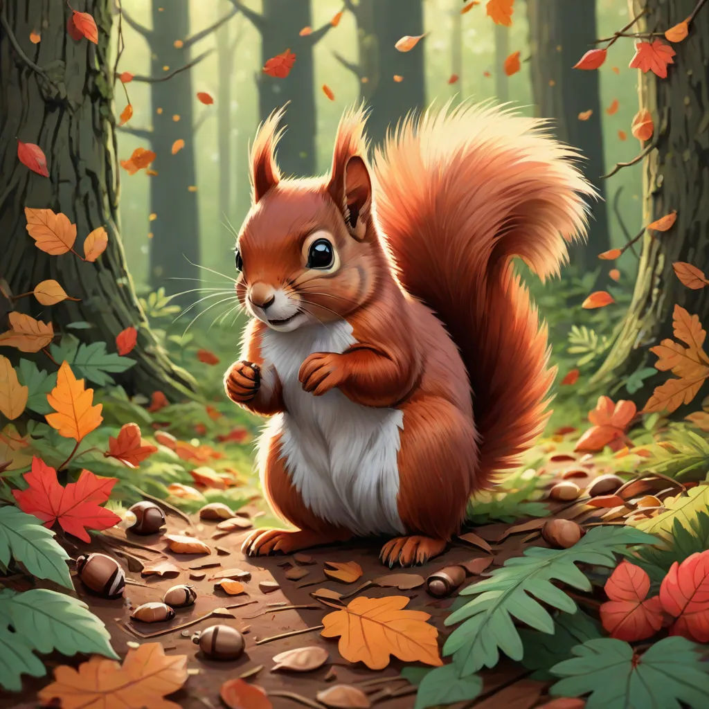 a squirrel is standing in the middle of a forest with leaves and rocks on the ground and a tree in the background, furry art, a detailed painting, Chris LaBrooy, magic the gathering artwork