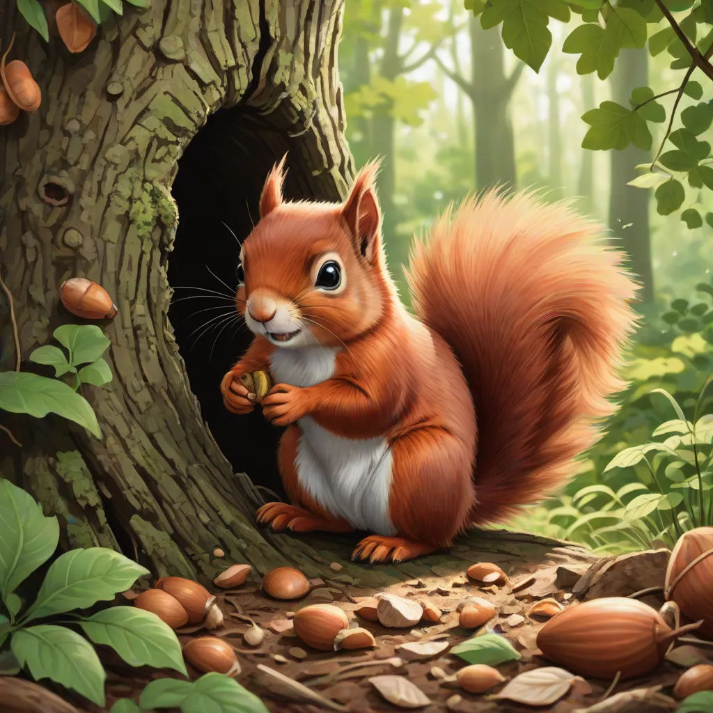 a squirrel is eating nuts in a tree trunk in the woods with a tree trunk in the foreground, fantasy art, a digital painting, Chris LaBrooy, official art