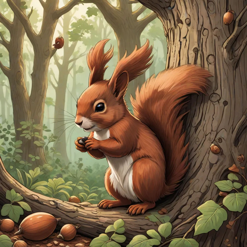a squirrel eating nuts in a tree in a forest with leaves and nuts on the ground and a tree trunk, altermodern, a storybook illustration, Chris LaBrooy, official art