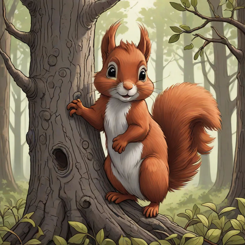 a squirrel standing on a tree trunk in a forest with a hole in the trunk and looking up at the ground, furry art, a storybook illustration, Chris LaBrooy, official art