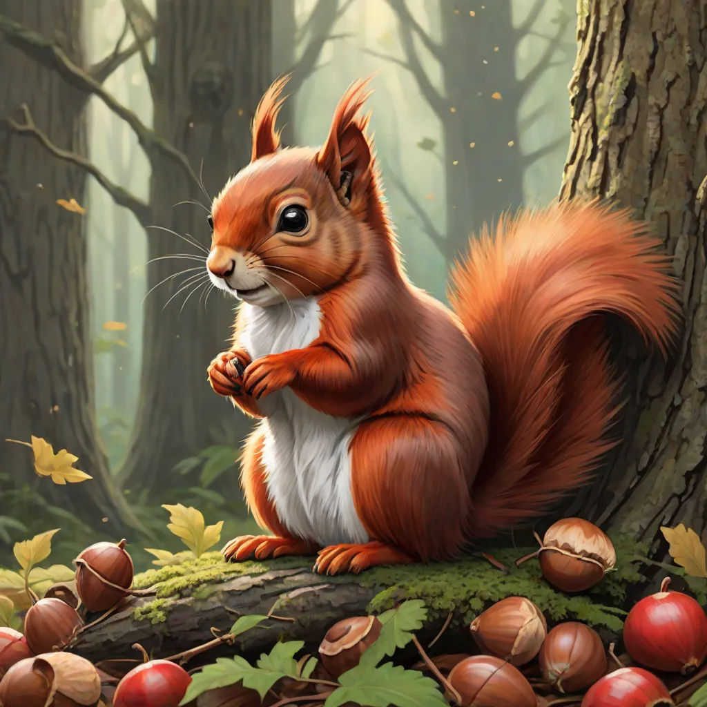 a squirrel is sitting on a tree stump in the woods with nuts around it and looking at the camera, fantasy art, a detailed painting, Chris LaBrooy, magic the gathering artwork
