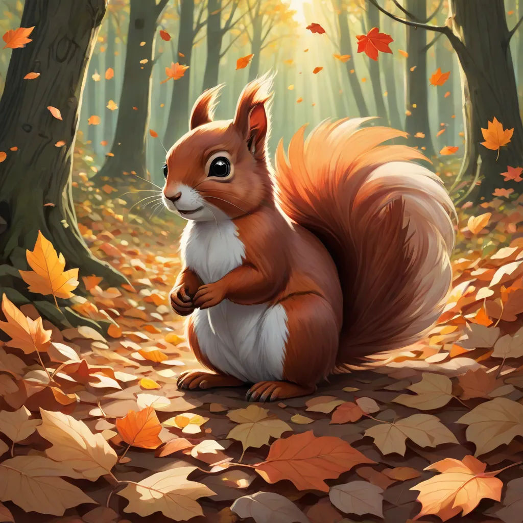 a squirrel sitting in the leaves in a forest with trees and leaves on the ground and a sun shining through the trees, furry art, a painting, Chris LaBrooy, official art
