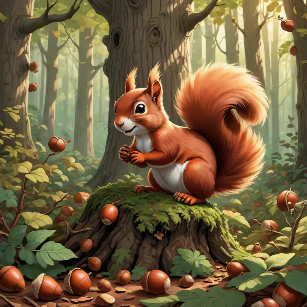a squirrel is sitting on a tree stump in the forest with acorns and leaves around it, and a squirrel is standing on the stump, fantasy art, an ultrafine detailed painting, Chris LaBrooy, magic the gathering artwork