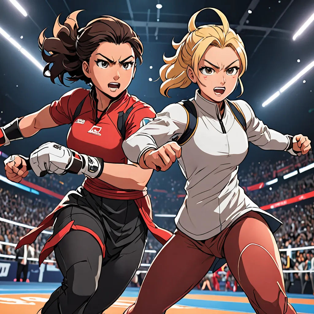 two women in a wrestling ring with a crowd watching them from the stands and a stadium full of people, sots art, a comic book panel, Artgerm, official art