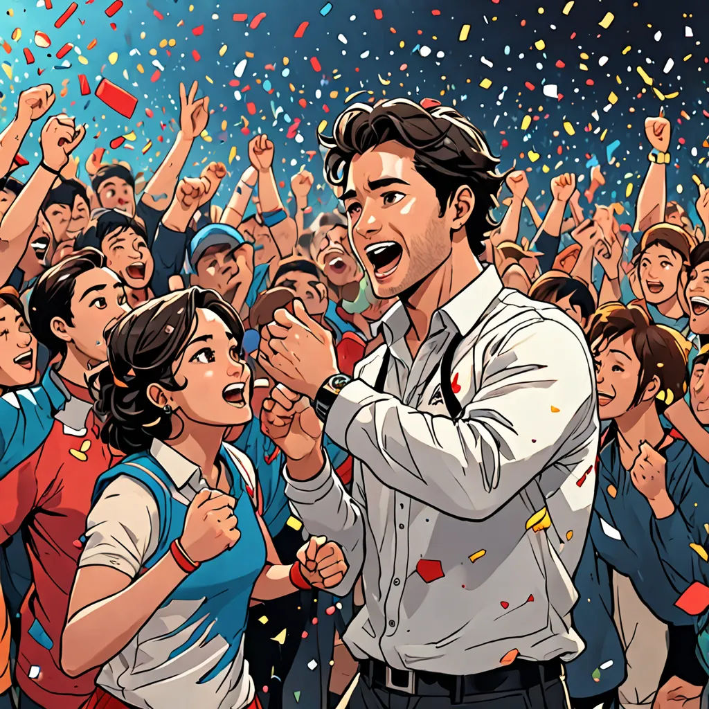 a man standing in front of a crowd of people holding up confetti and a bottle of beer, socialist realism, a comic book panel, Choi Buk, kim jung gi
