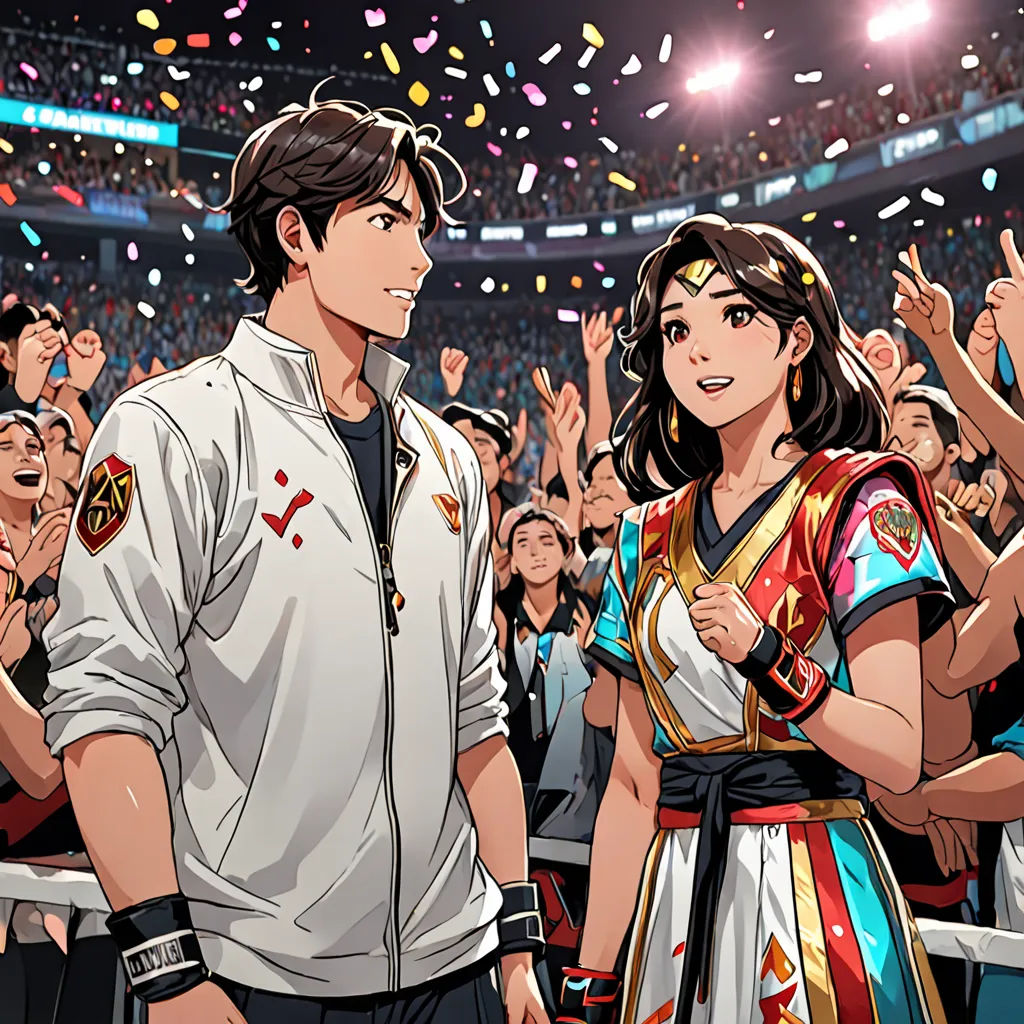 a man and woman standing in front of a crowd of people with confetti in their hands and confetti falling from the air, space art, a comic book panel, Artgerm, comic cover art