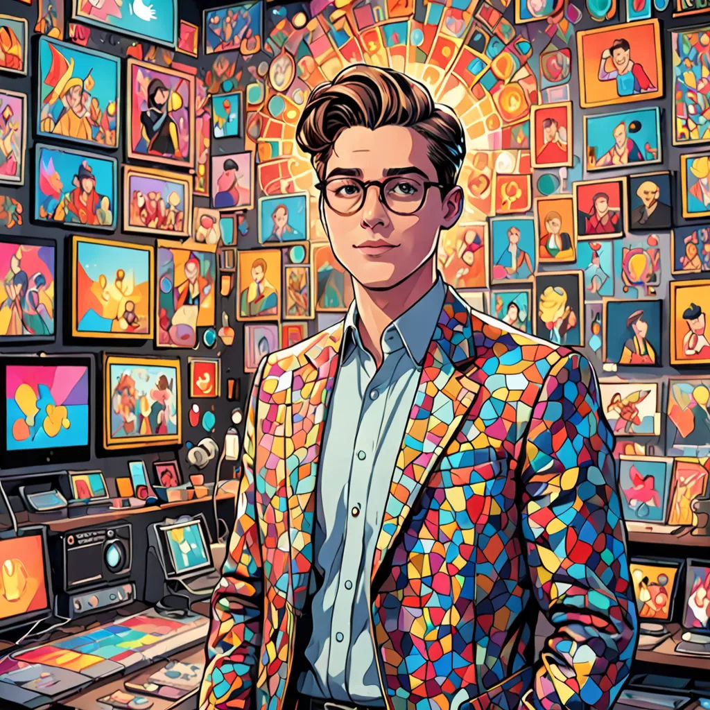 a man in a colorful suit standing in front of a wall of pictures and video games on a computer, maximalism, a comic book panel, Chris LaBrooy, rossdraws global illumination