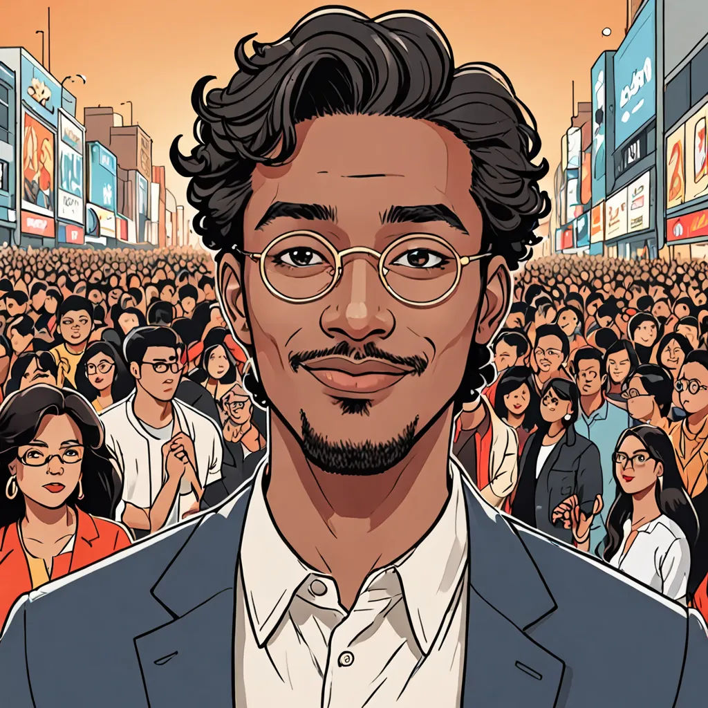a man with glasses standing in front of a crowd of people in a city street at sunset or sunrise, les automatistes, a character portrait, Asaf Hanuka, comic cover art