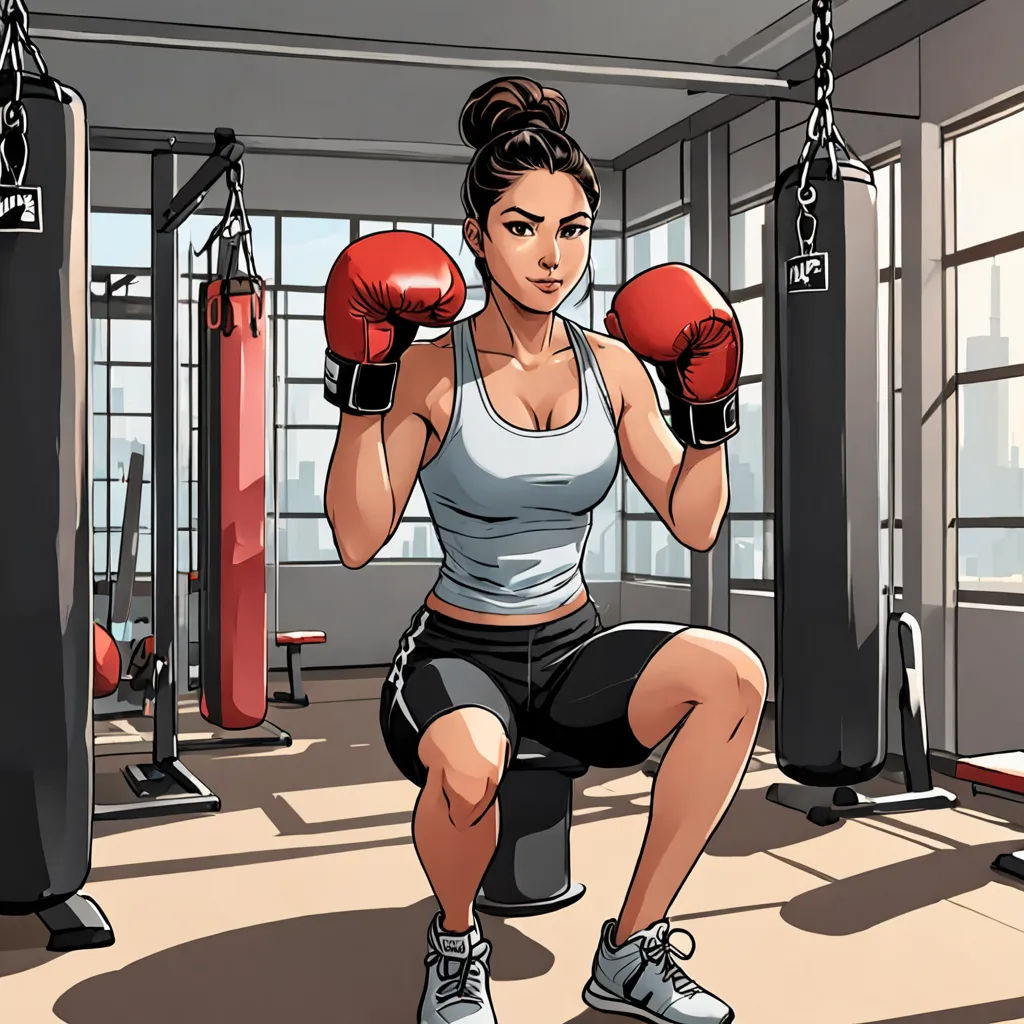 a woman in a gym squatting with boxing gloves on her hands and a punching bag in front of her, lyco art, a comic book panel, Eve Ryder, comic cover art