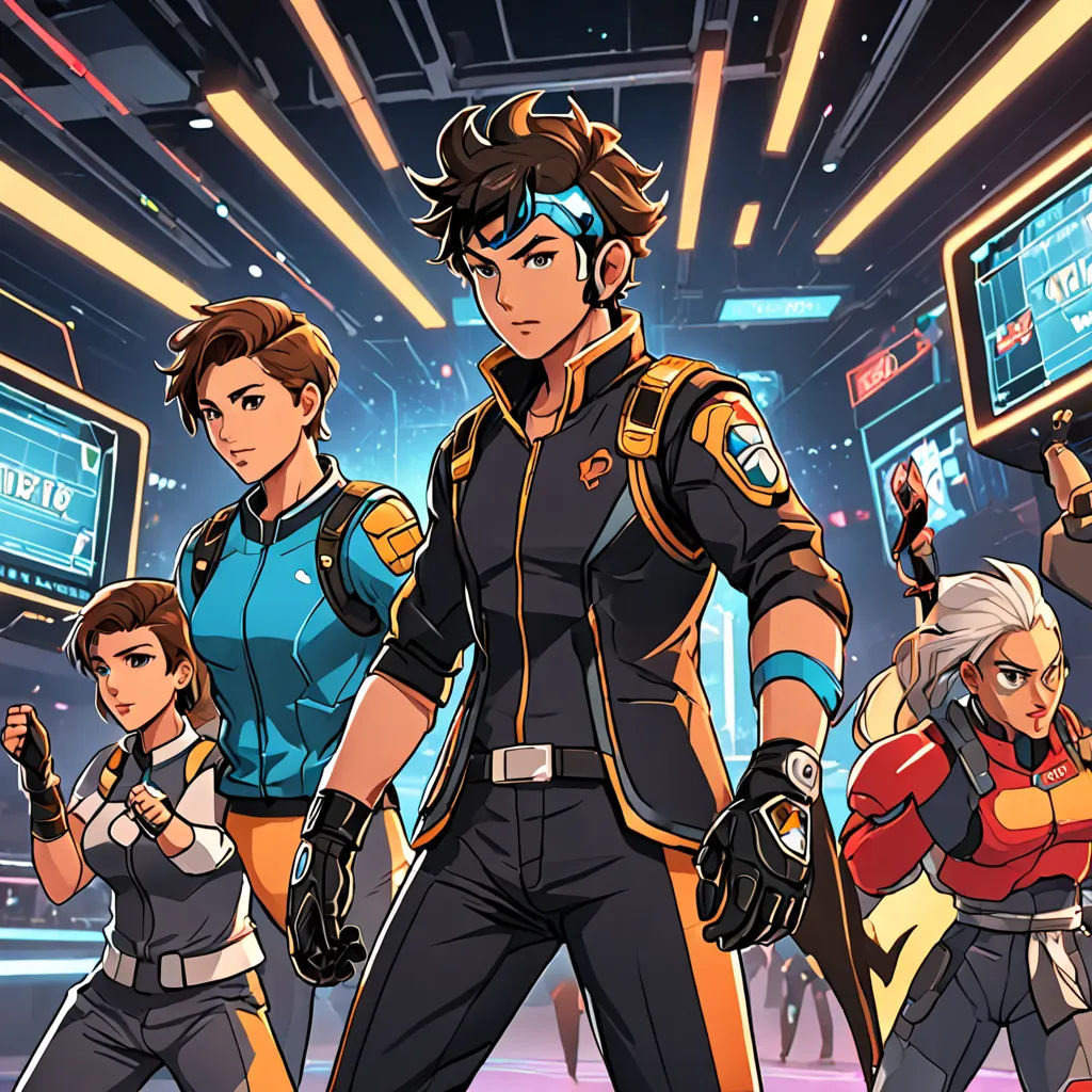 a group of people standing in a room with a tv screen in the background and a neon background behind them, sots art, concept art, Epsylon Point, key art