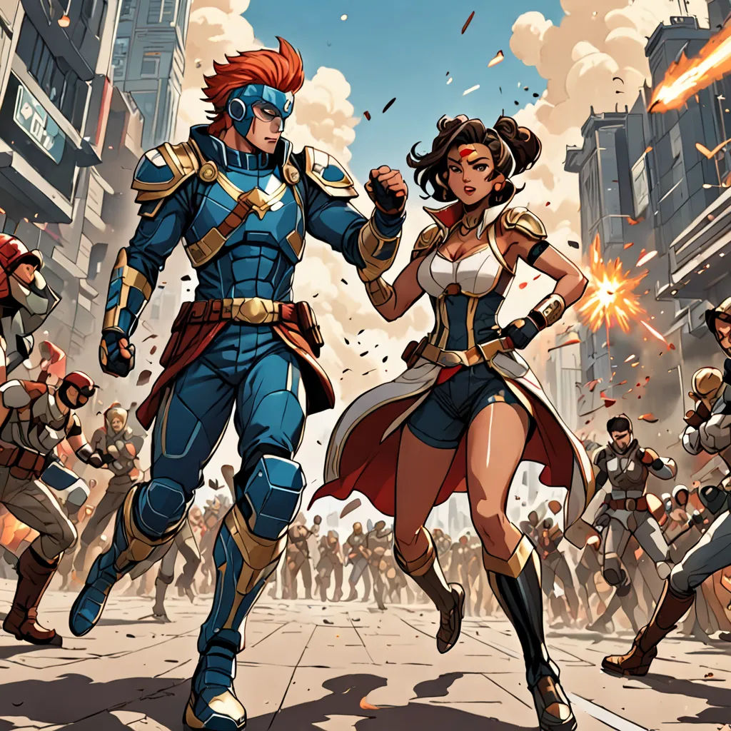 a couple of people that are standing in the street with guns in hand and a crowd of people behind them, afrofuturism, a comic book panel, Artgerm, comic cover art