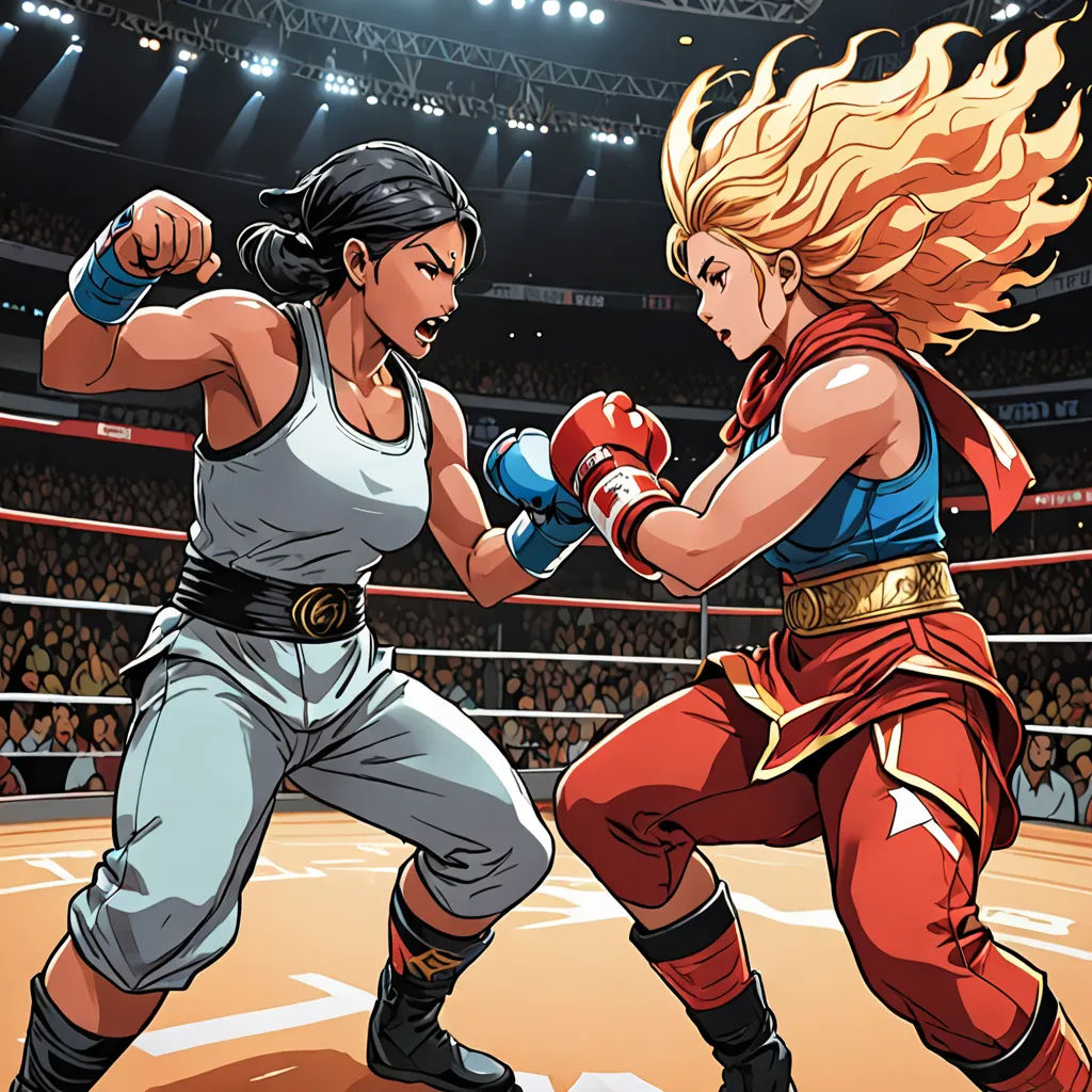 two women in a boxing ring with one punching the other with a punching glove in their hands, with a crowd watching, context art, concept art, Artgerm, comic cover art