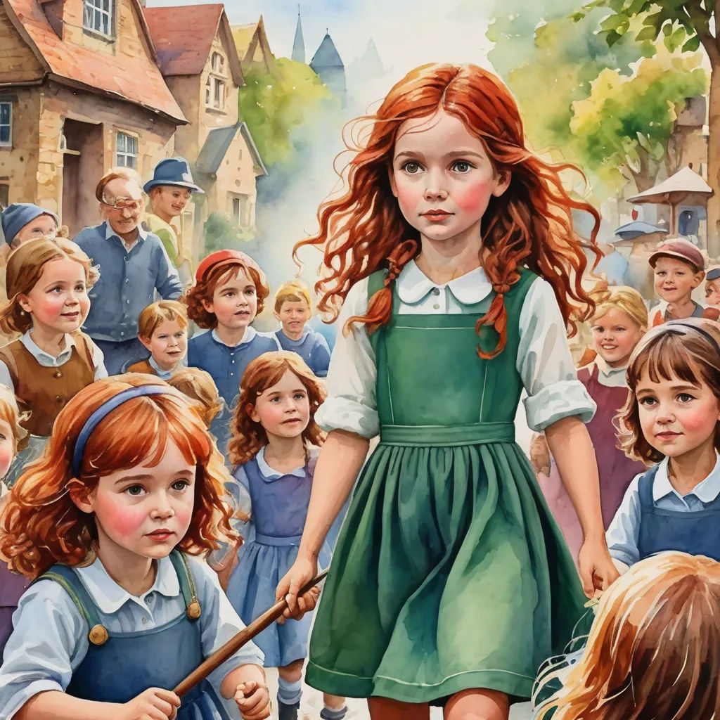a painting of a girl with a stick in front of a group of children in school uniforms, all looking at the camera, pre-raphaelitism, a storybook illustration, Bob Byerley, official art