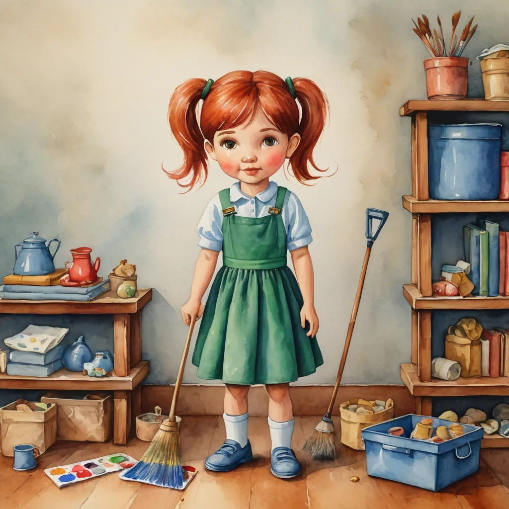 a painting of a girl with a broom and a bucket of dirt in front of a bookshelf, photorealism, a storybook illustration, Bob Byerley, storybook illustration