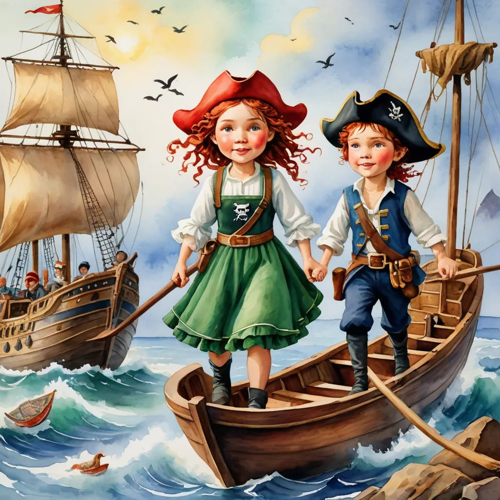 a painting of two children on a boat in the ocean with a pirate ship in the background and a bird flying overhead, naive art, a storybook illustration, Bob Byerley, highly detailed digital painting