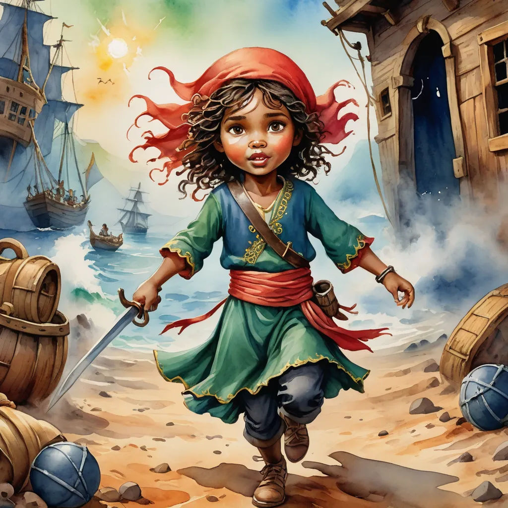 a painting of a girl in a pirate costume holding a sword and walking on a beach with a ship in the background, fantasy art, a storybook illustration, Chris Rallis, magic the gathering artwork