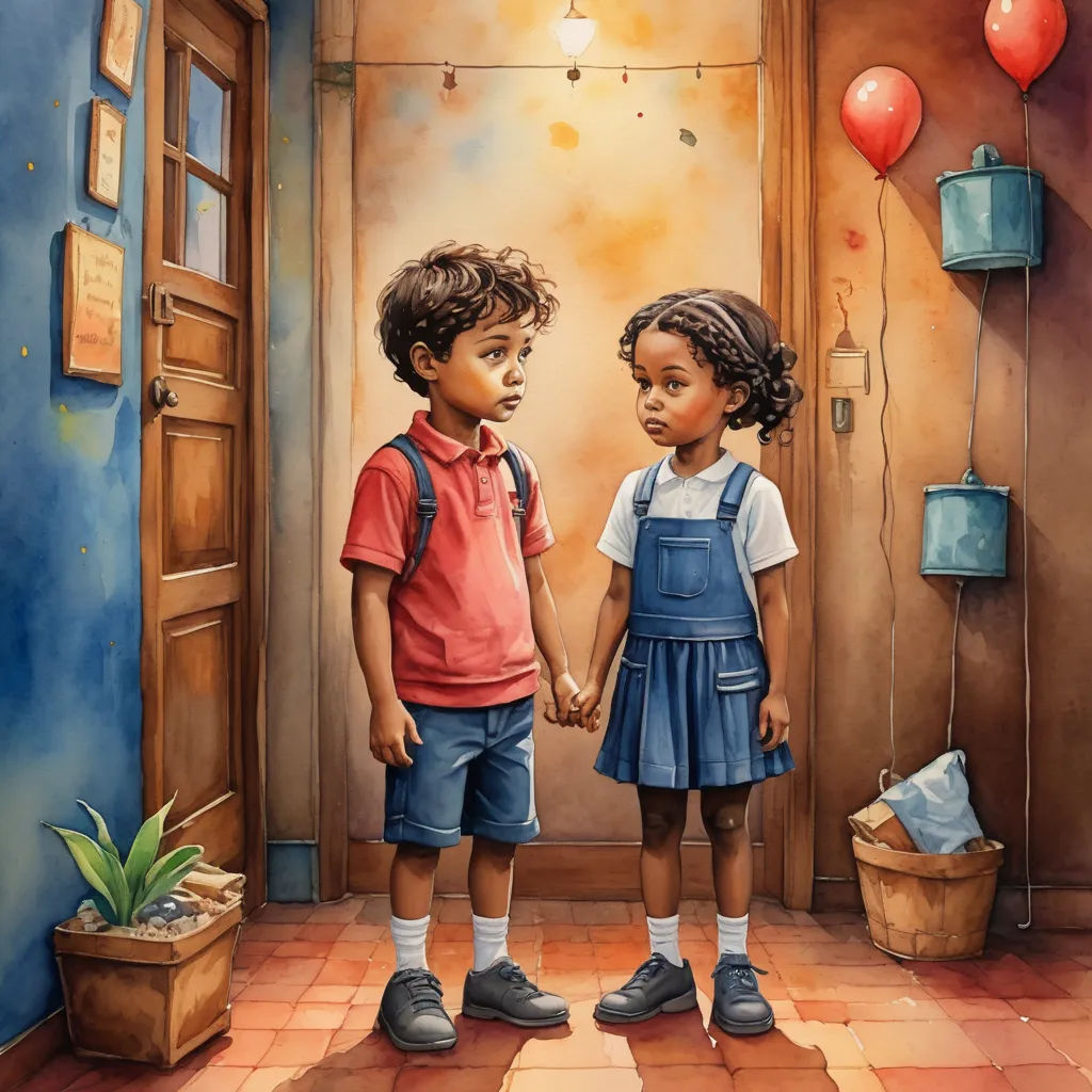 a painting of two children holding hands in a hallway with balloons and a door in the background, and a potted plant in the foreground, art & language, a storybook illustration, Bob Byerley, storybook illustration