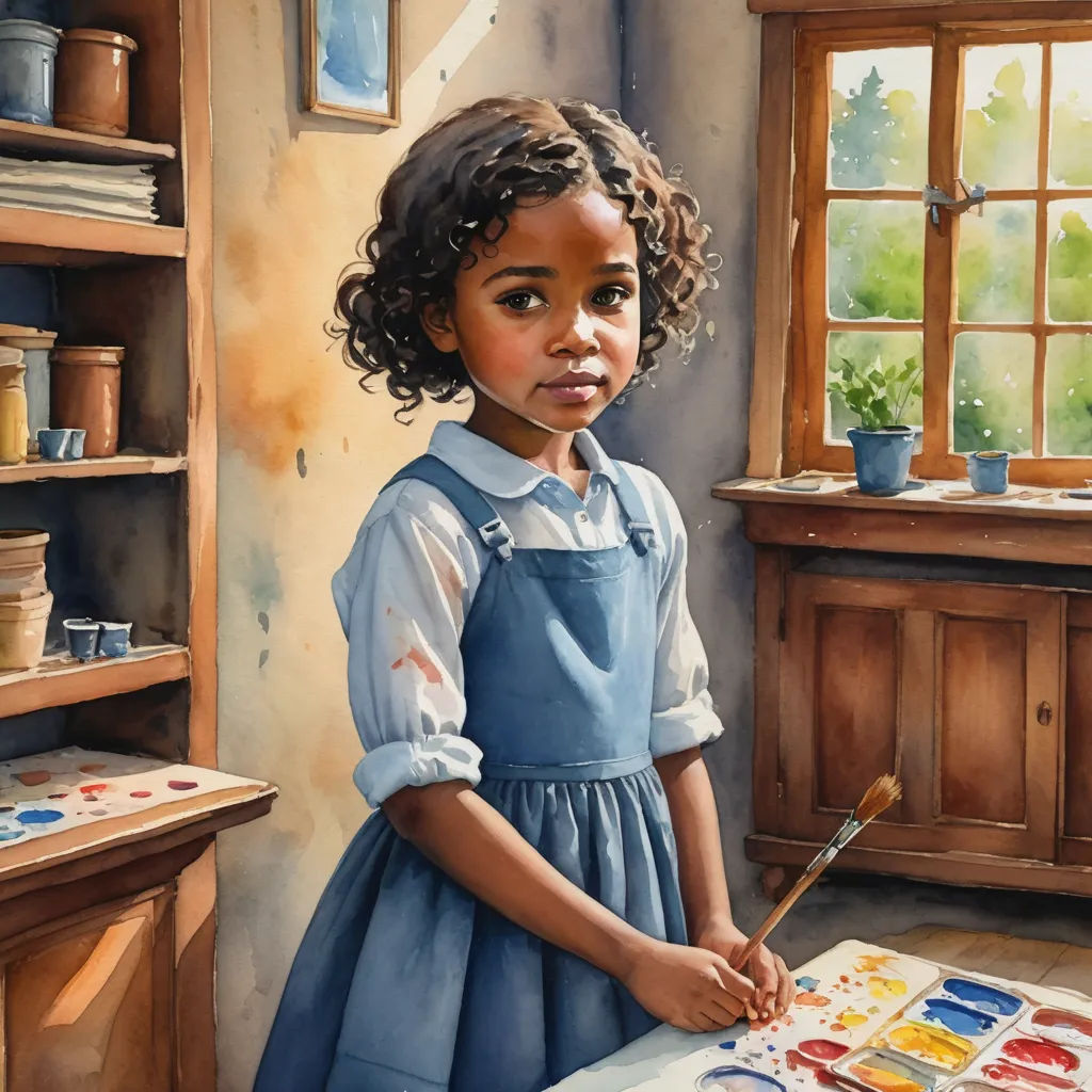 a painting of a little girl in a blue dress holding a brush and painting on a canvas in a room, american scene painting, a detailed painting, Constance Gordon-Cumming, detailed painting